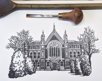 Dulwich College: handprinted lino print, unframed