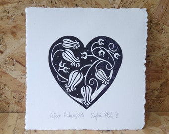 After Aubrey No. 3: An Aubrey Beardsley inspired botanical heart, hand printed lino print. Unframed.