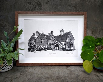 Langshott Manor: handprinted lino print, unframed