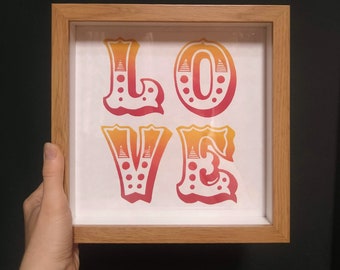 Circus Love: handprinted lino print, unframed.
