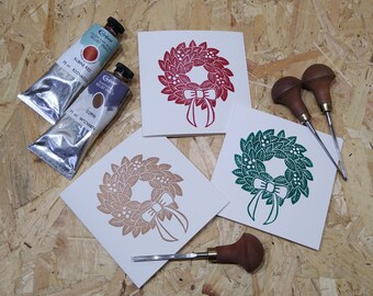 Linoprinted Christmas Wreath Cards - A set of 3 colourful, handprinted cards.