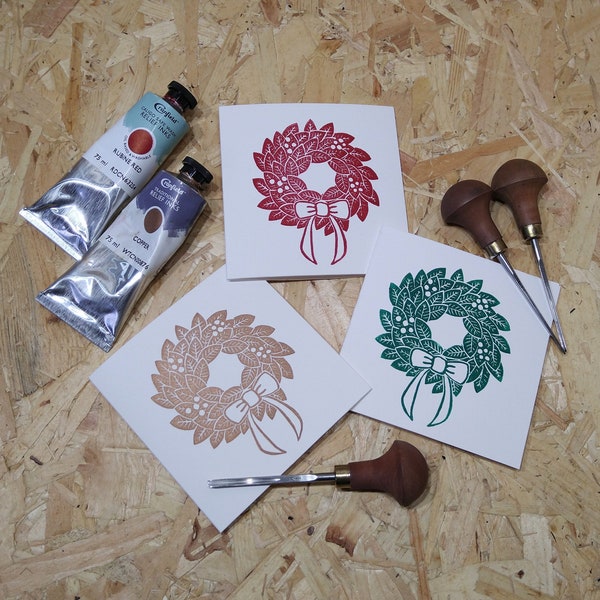 Linoprinted Christmas Wreath Cards - A set of 3 colourful, handprinted cards.