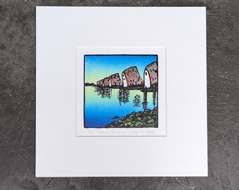 Thames Barrier handprinted lino print, unframed.