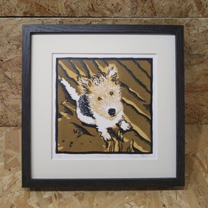 Sandy Pup: Limited edition, original, handprinted lino print, unframed | Wall art