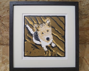 Sandy Pup: Limited edition, original, handprinted lino print, unframed | Wall art