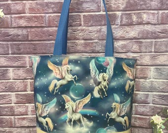 Fantasy Pegasus Horses Tote Bag marine vinyl base and waterproof canvas lined