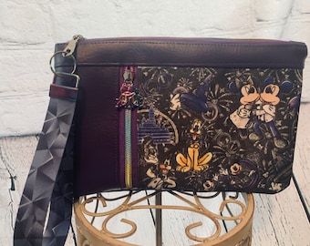 Gorgeous Canvas and Vinyl Clutch Bag with Wrist Strap in the style of Disney 100 Mickey and Minnie Pluto