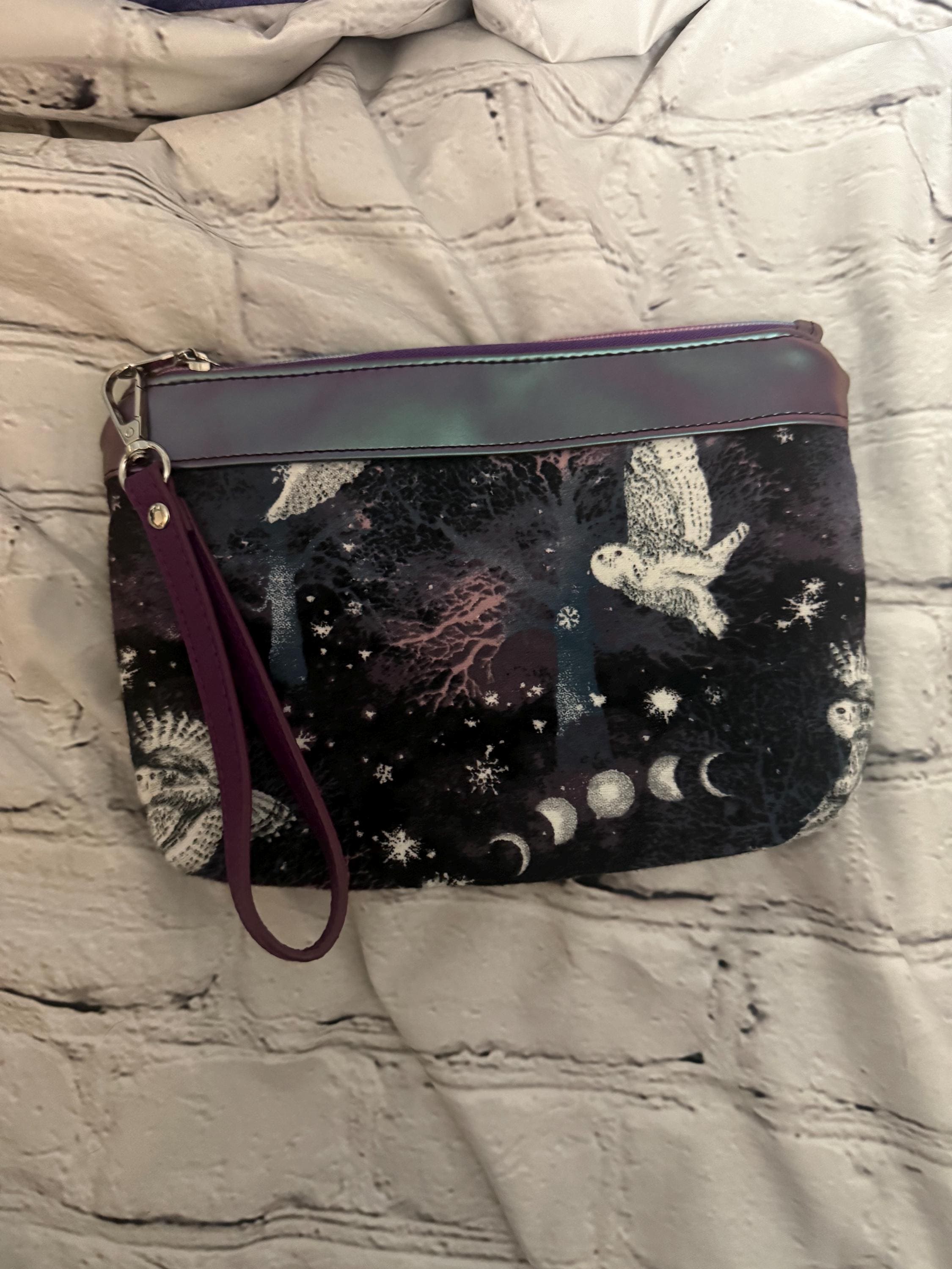 Gorgeous Fabric  and Vinyl Clutch Bag with Wrist Strap moonlight owls