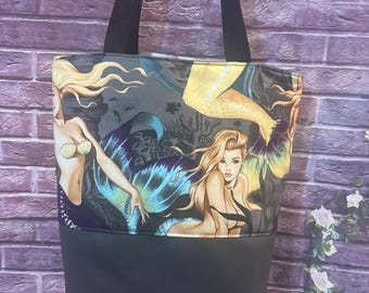 Siren Pinnups Mermaid OceanTote Bag marine vinyl base and waterproof canvas lined