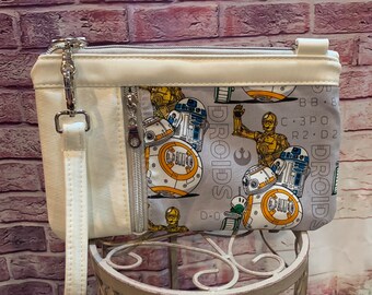 Gorgeous inspired by Star Wars droids wristlet clutch bag with crossbody option chain option wrist strap incl Pearl crosshatch vinyl