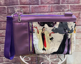 Gorgeous inspired by villains maleificent cruella  clutch bag wrist strap included tabs for crossbody option chain option crosshatch vinyl