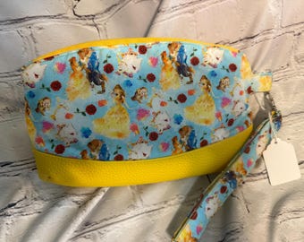 Gorgeous Cotton and Vinyl Clutch Bag wristlet with detachable strap Belle and the beast watercolor style