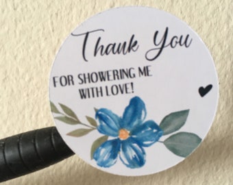 Thank You For Showering Me With Love Blue Flower Sticker Sets, Custom Bridal Shower Gift, Personalized Favor Stickers, Baby Shower Favor Set