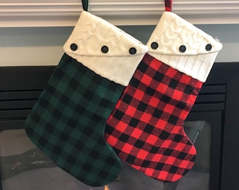 Personalized Knit Button Top Buffalo Plaid Christmas Stocking, Red Plaid Stocking, Green Christmas Stockings, Santa Sock, Fireplace Sock