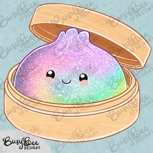 Può includere: Illustrazione in stile cartone animato di un raviolo color arcobaleno con un volto sorridente all'interno di un cestello per la cottura a vapore in legno. Il raviolo ha accenti glitterati. Il vapore in legno ha un coperchio.