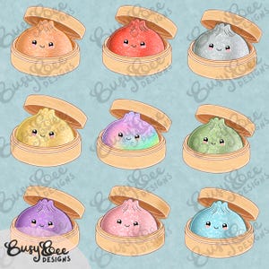 Puede incluir: Nueve coloridas empanadillas de estilo caricatura con caras sonrientes, cada una en una vaporera de bambú. Las empanadillas son de varios colores, incluyendo naranja, rojo, gris, amarillo, arcoíris, verde, morado, rosa y azul. Fondo azul claro.