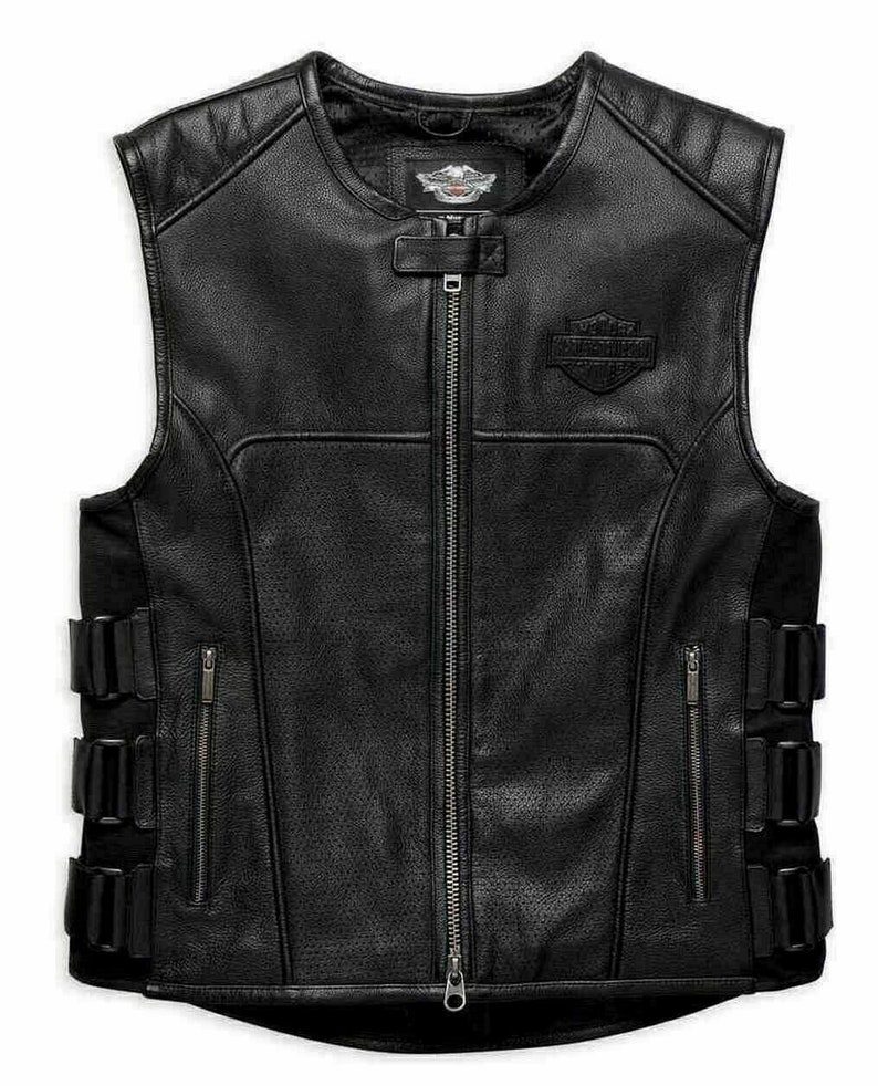 Harley Davidson Swat II Genuine Leather Vest Zippered Motorbike Caf\u00e9 Racer Black