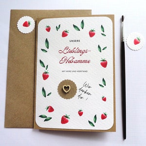Hebamme Dankeskarte, Kraftpapier Klappkarte mit Briefumschlag, schönes Aquarellmotiv Erdbeeren mit Spruch, handgemachte Karte