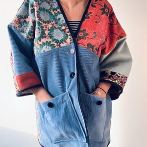 Patchwork Kimonojacke aus blauem Cord und Upcycling Stoffen onesize Unikat