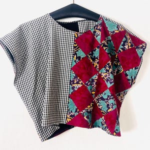 Blusa patchwork, algodón, talla 38, magenta, a cuadros, negro, blanco, multicolor, pieza única