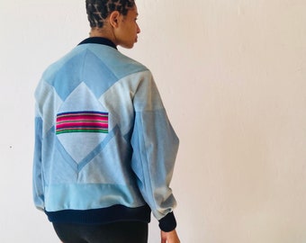 Upcycling denim jacket patchwork made from vintage blue jeans *unique* zerowaste unisex size 40 ethnic