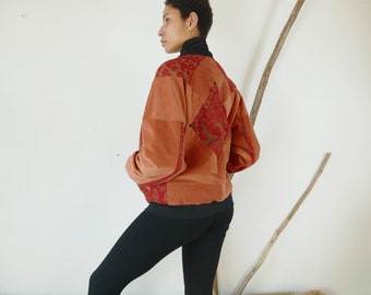 Patchwork jacket quilt made of rusty orange corduroy and vintage fabrics handmade *unique* size 40
