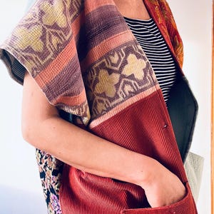 Oversized patchwork corduroy upcycled vest with floral pattern