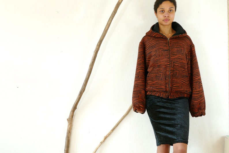 Winter jacket, fleece jacket, hoodie, hooded jacket, rust red zebra print, unique item, sizes 38, 40, 42 image 3