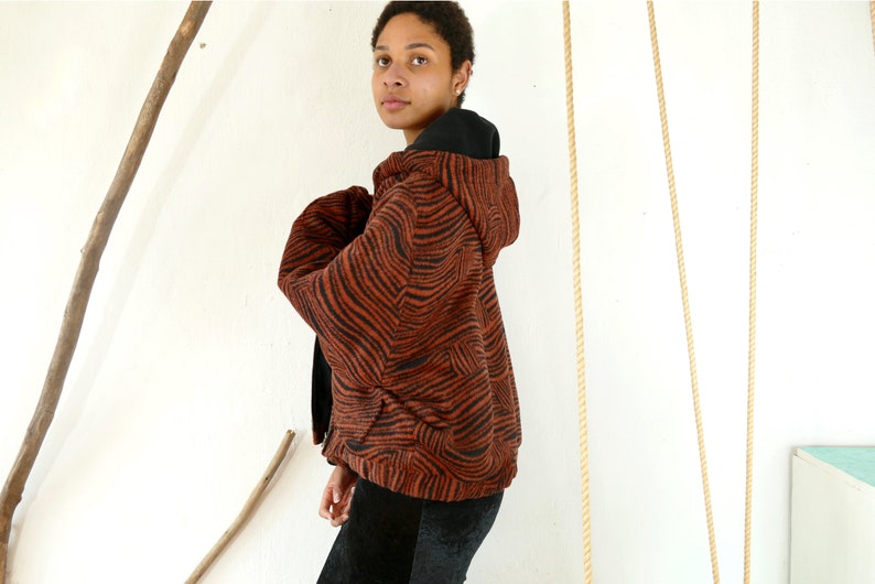 Winter jacket, fleece jacket, hoodie, hooded jacket, rust red zebra print, unique item, sizes 38, 40, 42 image 6