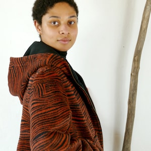 Winter jacket, fleece jacket, hoodie, hooded jacket, rust red zebra print, unique item, sizes 38, 40, 42 image 1