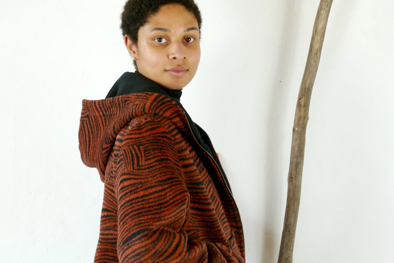 Winter jacket, fleece jacket, hoodie, hooded jacket, rust red zebra print, unique item, sizes 38, 40, 42 image 1