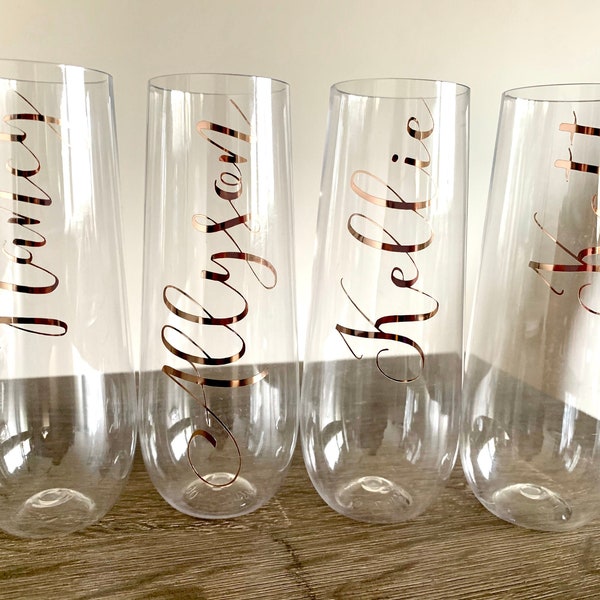 Customized Champagne Flutes, Personalized Stemless Tumblers, Bridesmaid Gifts, Plastic Champagne Flute with Names, Bachelorette Favors