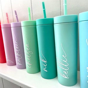 Customized Skinny Tumbler, 16 oz Pastel Matte Tumbler, Bridesmaid Tumblers With Straw, Acrylic Pastel Cups, Customized Skinny Cups