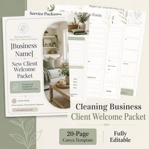 May include: A 20-page cleaning business client welcome packet Canva template featuring a white and sage green color scheme. The document includes sections for service packages, client information, and special instructions with botanical line art.