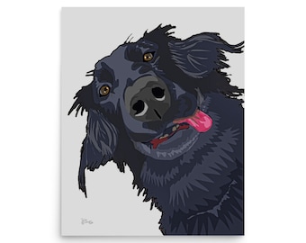 Flatcoat Retriever Pop Art Dog Giclée Print Poster - grey background - 20x16in by artist John Carver