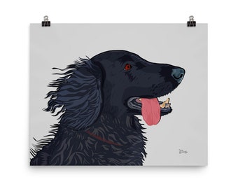 Pop Art Flatcoat Retriever - windy-day - against a grey background - 20x16in Giclée Print Poster