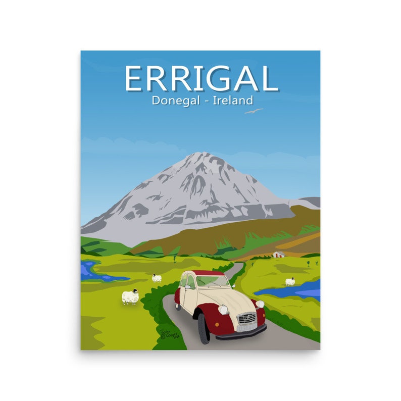 Errigal - Donegal - Ireland and a 2CV car - Vintage Style Poster 20x16in Giclee Print