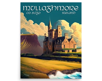 Mullaghmore Sligo Ireland - Classiebawn Castle and Benbulben Vintage Style Poster Art Quality Giclee Print - 20x16in by Artist John Carver