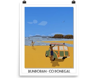 Vintage Look Poster Giclée print - Bundoran - Donegal - Ireland. Morris Traveller on the beach with surfers