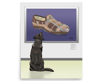 Art for Dogs - Black Retriever viewing a painting of a chewed slipper - by Artist John Carver 20x16in fine-art quality Giclee Print