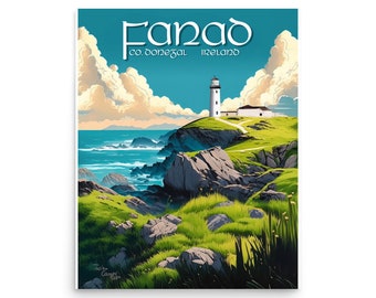 Vintage Style Travel Poster - Fanad and the Lighthouse, Co. Donegal, Ireland by Artist John Carver - 20x16in Matte Giclee Print