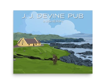 J J Devine Pub - as featured in the Banshees of Inisherin Film  - Vintage Style Travel Poster - Giclee Fine Art Print 20x16in