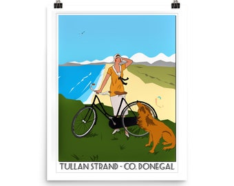 Poster - Vintage Art Deco style Giclée print - 1920s cyclist with Red Setter dog at Tullan Strand - Bundoran - Donegal - Ireland - 20x16in