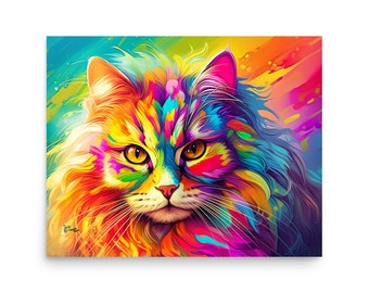 Siberian or Main Coon Long Haired Cat Pop Art Psychedelic Pet Poster - 20x16in Matte Giclee Print by Artist John Carver