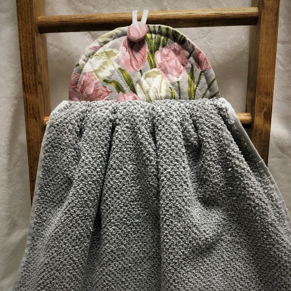 Double quality towel, quilt-topped, fabric topped, gray with mauve pink tulips, great wedding shower gift