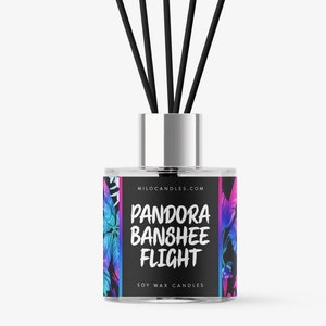 May include: A glass diffuser bottle with black reeds and a colourful label that reads "Pandora Banshee Flight" and "Soy Wax Candles".