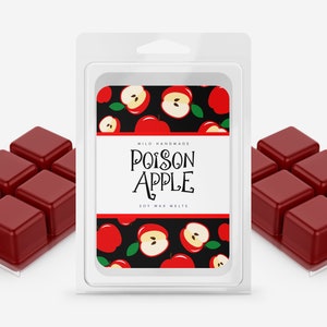 May include: A white package of soy wax melts with a red apple design and the text "Milo Handmade Poison Apple Soy Wax Melts". The package is next to a clear plastic tray of six red wax melts.
