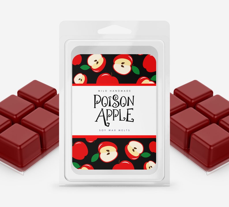 May include: A white package of soy wax melts with a red apple design and the text "Milo Handmade Poison Apple Soy Wax Melts". The package is next to a clear plastic tray of six red wax melts.
