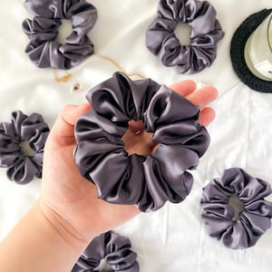 Anthracite Silk Scrunchies - Luxurious Black Satin Scrunchie | Anti-Frizz Hair Accessory | Gifts for Her | Bridesmaid Box and Party Favor