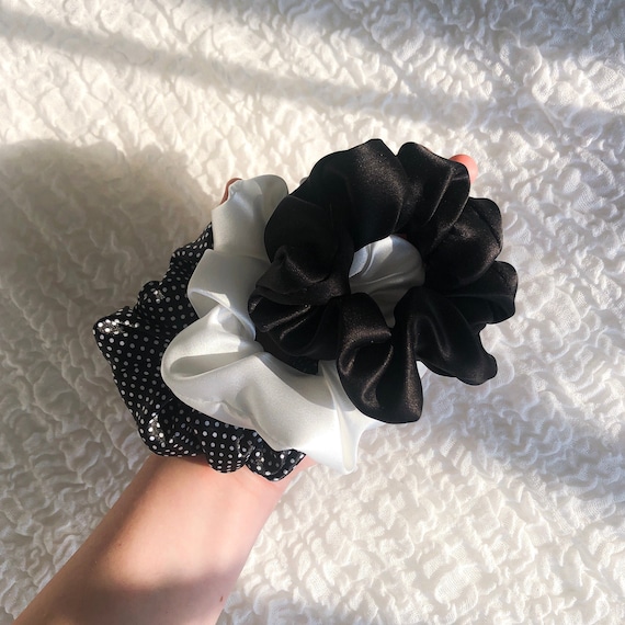 Luxury Black & White Silk Scrunchie Set | Polka Dot Hair  display picture 2